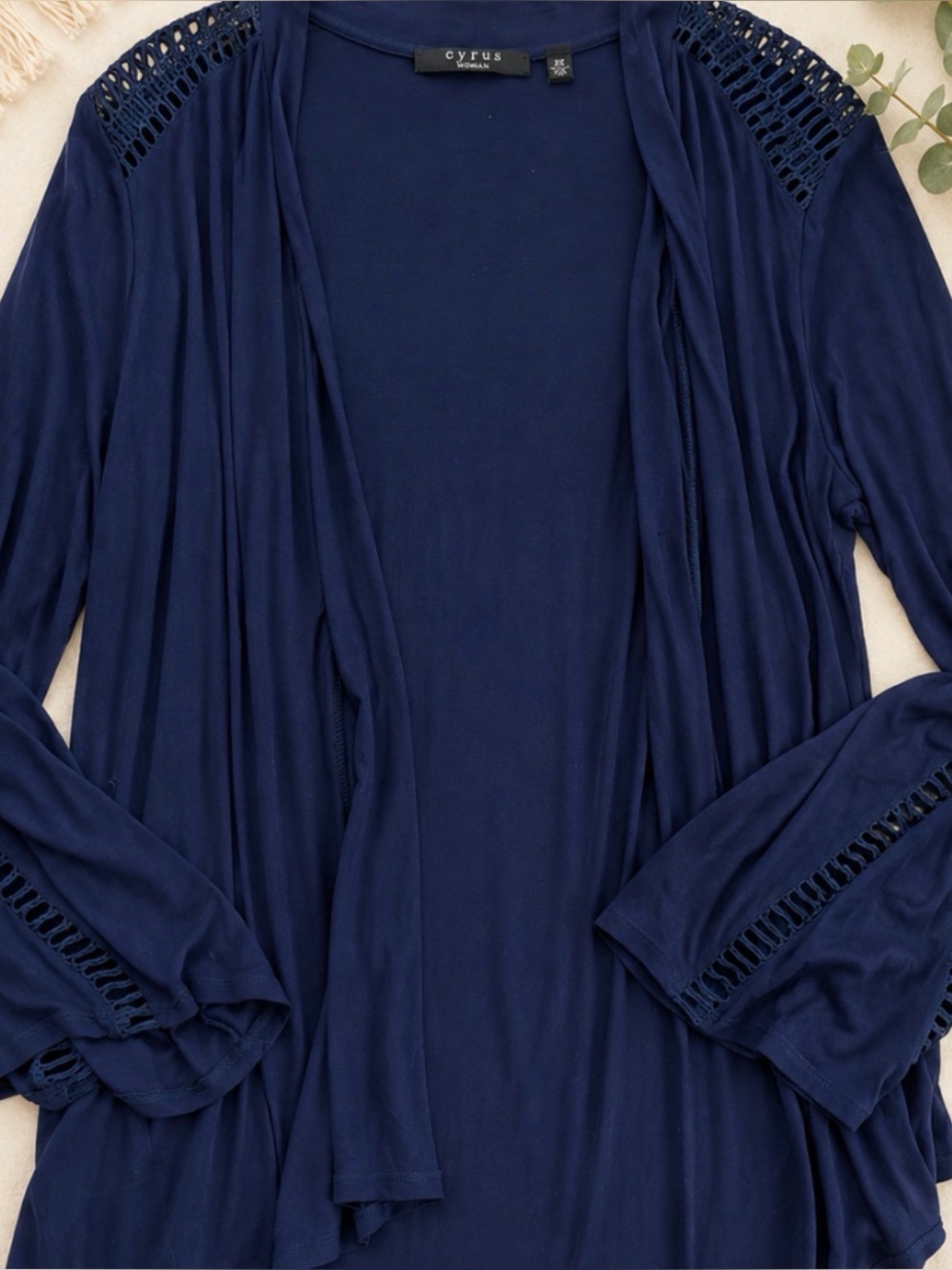 Cyrus Navy Open-Front Cardigan with Crochet Accents